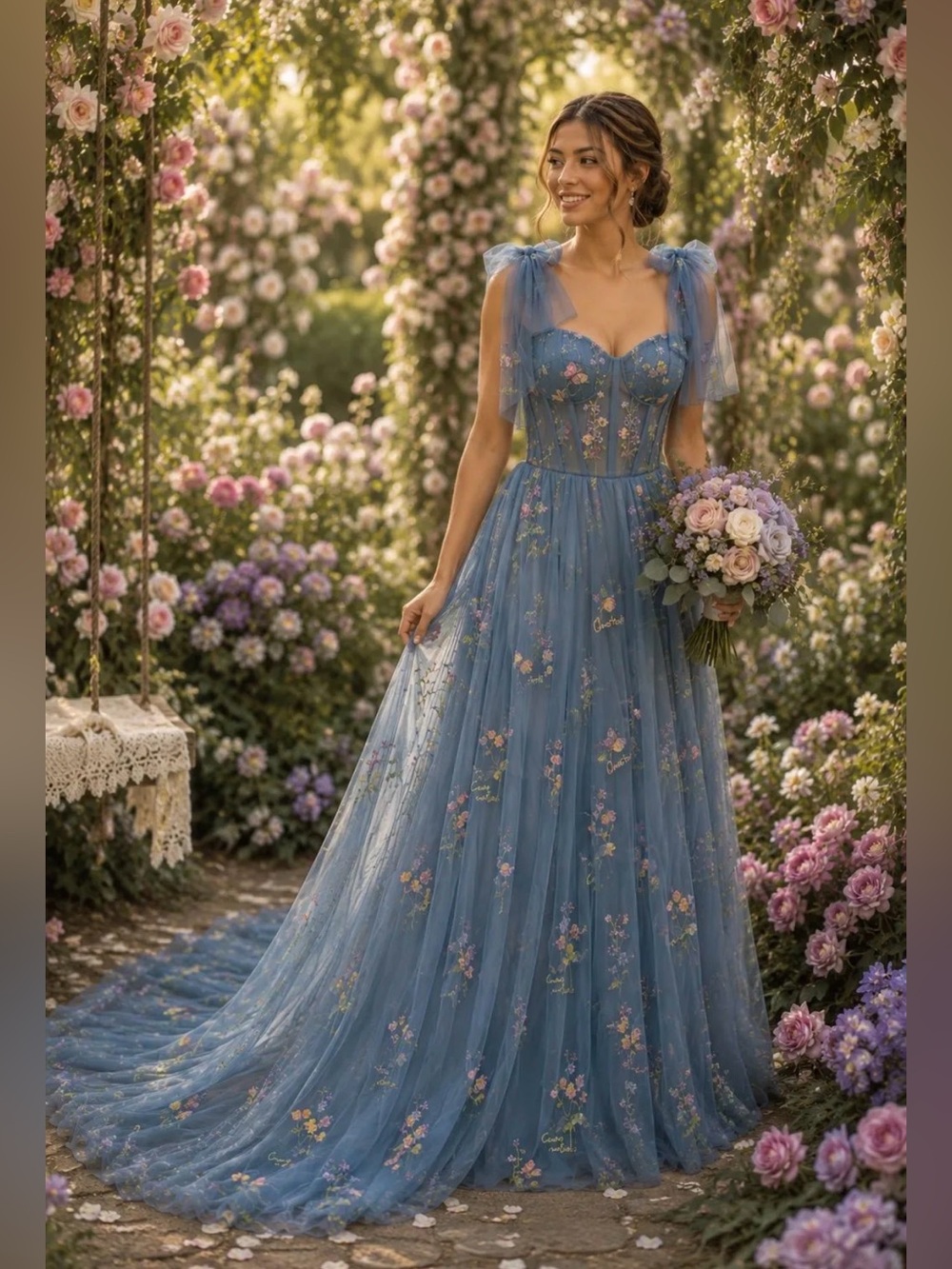 Grey Blue Floral Embroidered Tulle Corset A-Line Prom Formal Dress Size 10/12 PT